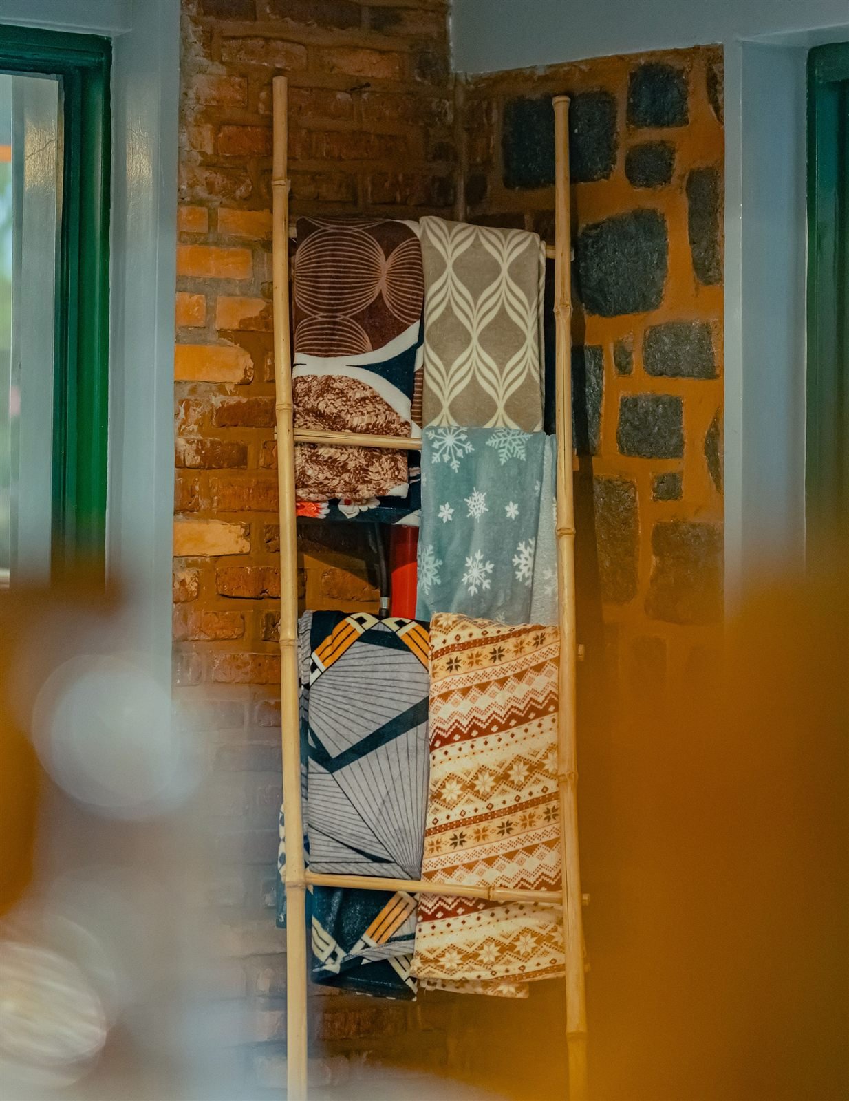 Shelf of woven baskets and decorative crafts