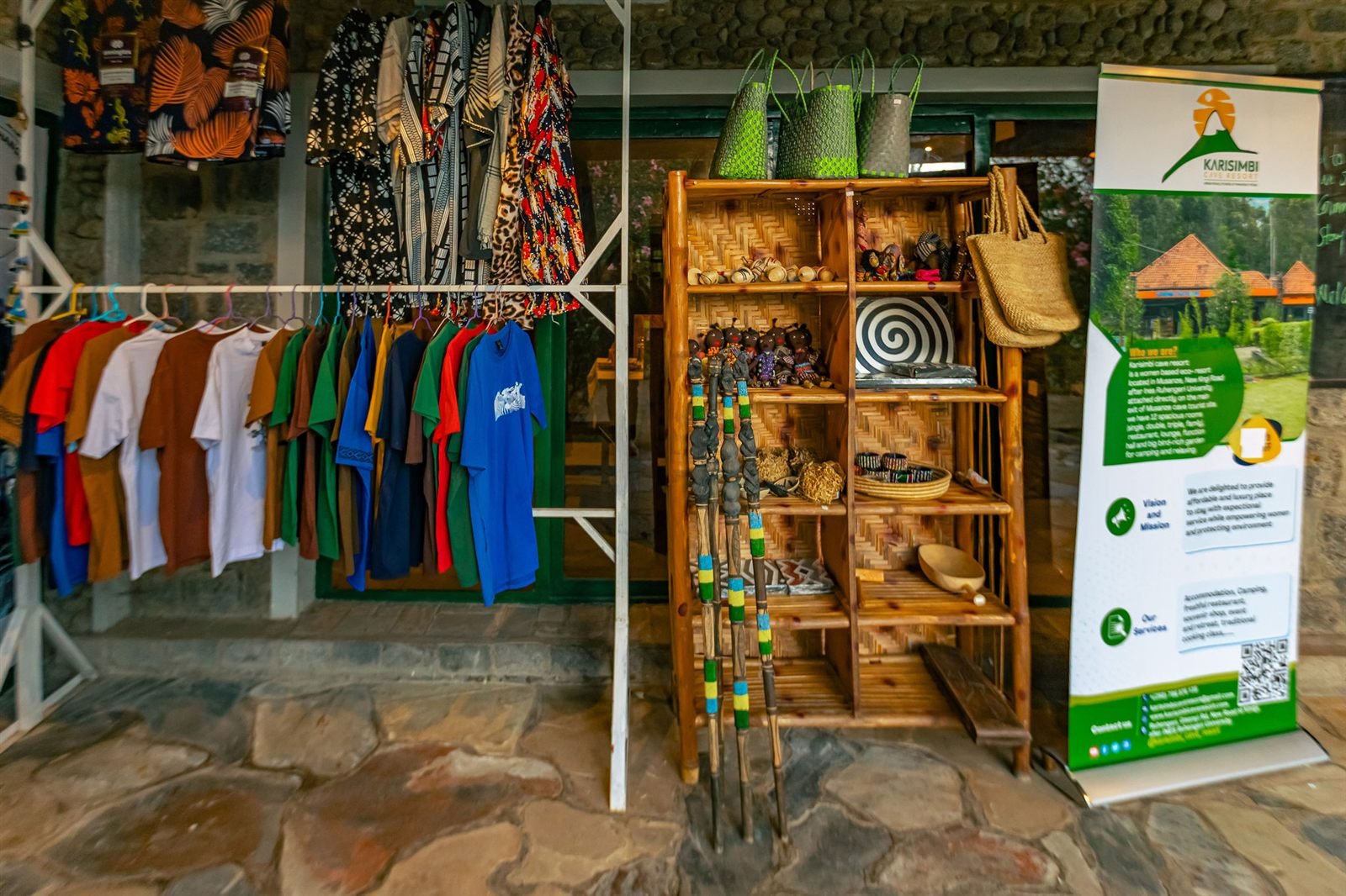 Souvenir shop interior with shelves of crafts and clothing