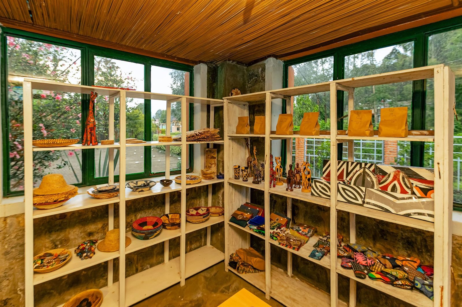 Shelves of woven baskets and crafts in the souvenir shop
