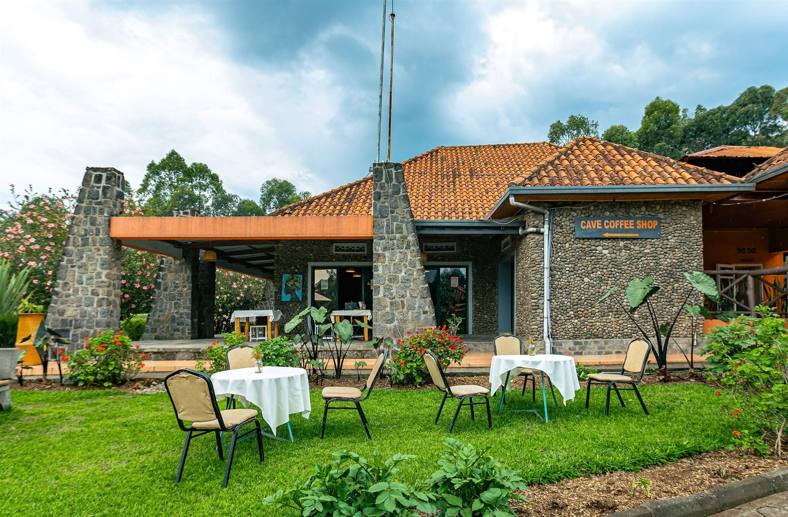Outdoor tables set on the terrace beside the restaurant
